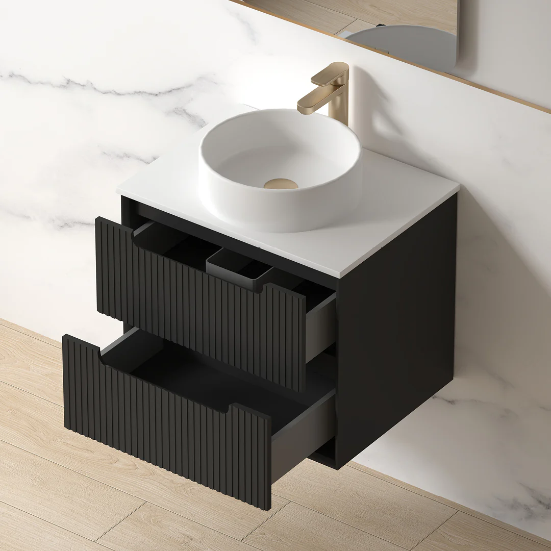 Fiora 600mm Matte Black Fluted Wall Hung Vanity - Image 3