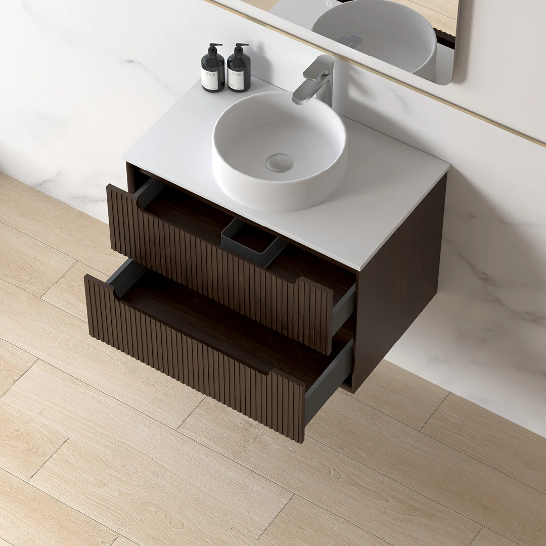 Fiora 750mm Alder Walnut Fluted Wall Hung Vanity - Image 4