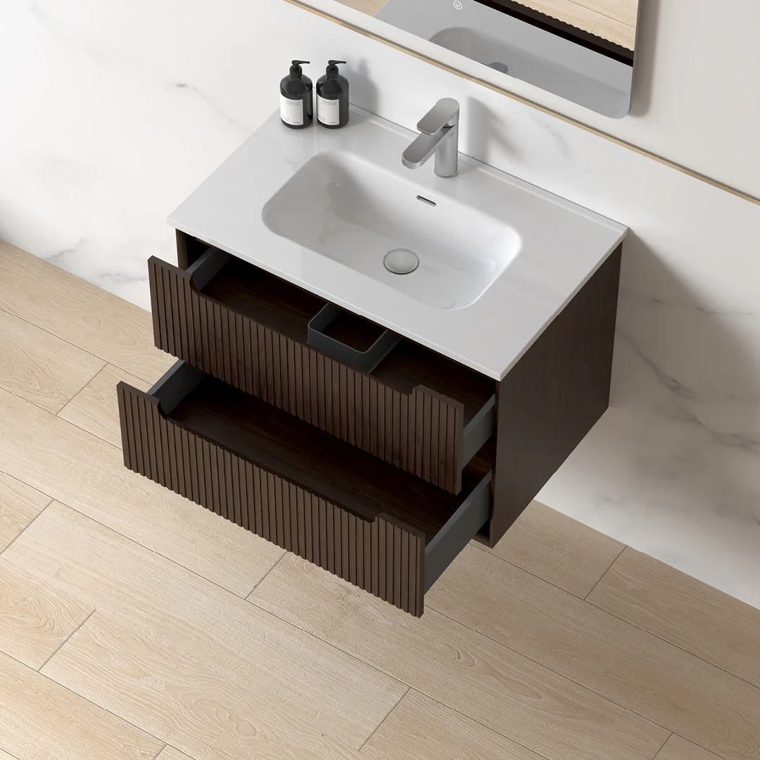 Fiora 750mm Alder Walnut Fluted Wall Hung Vanity - Image 6