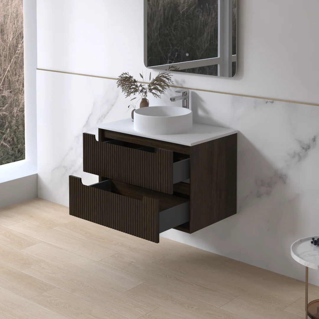 Fiora 750mm Black Walnut Fluted Wall Hung Vanity - Image 2