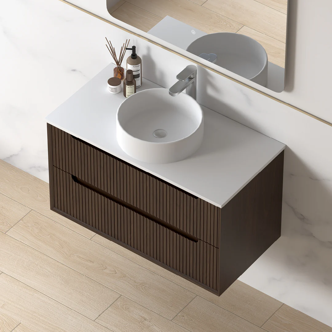 Fiora 900mm Alder Walnut Fluted Wall Hung Vanity - Image 2