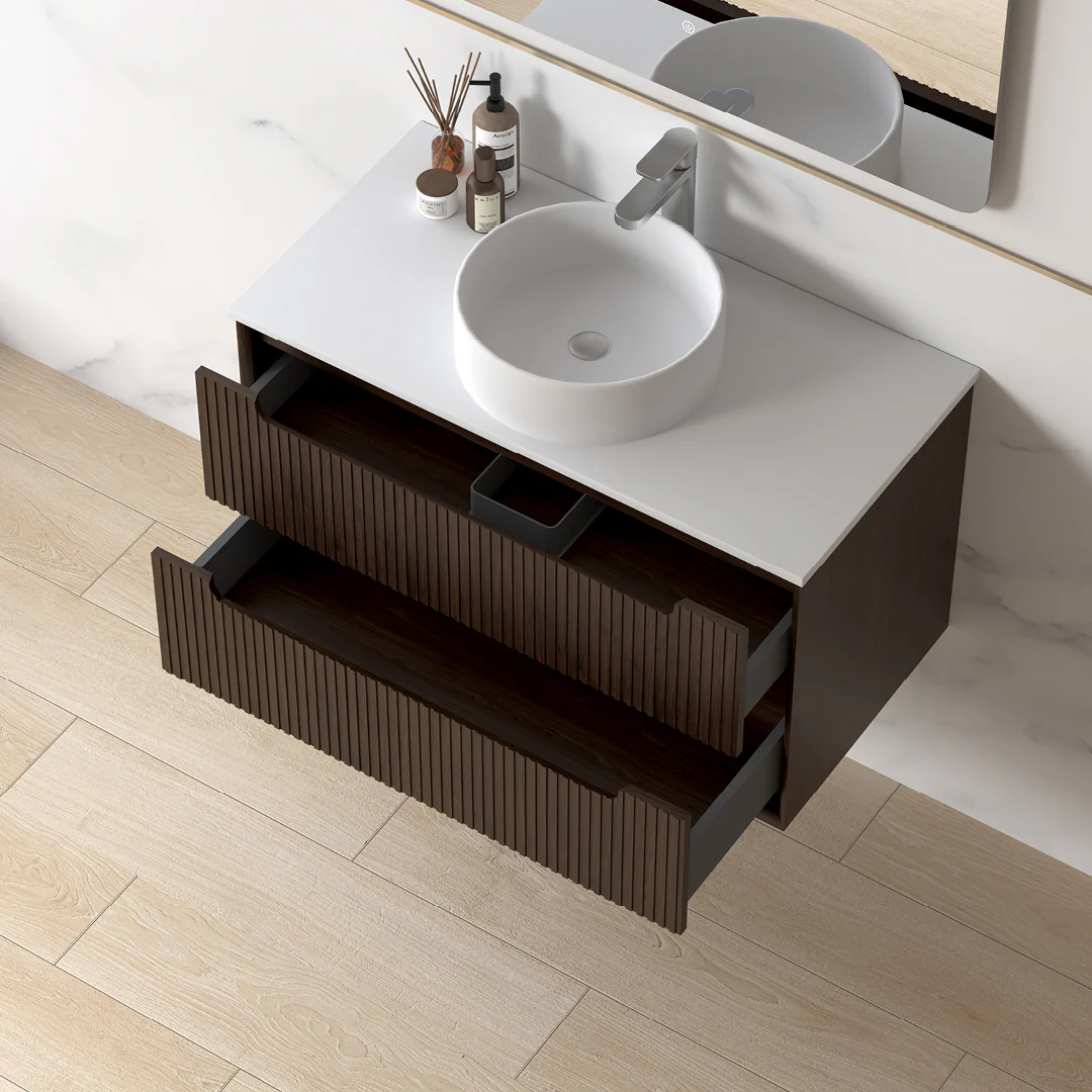 Fiora 900mm Alder Walnut Fluted Wall Hung Vanity - Image 4