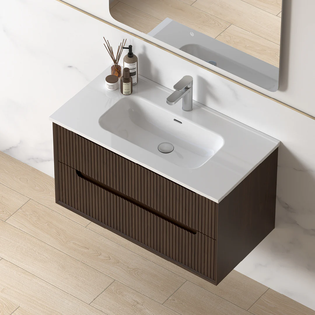 Fiora 900mm Alder Walnut Fluted Wall Hung Vanity - Image 6