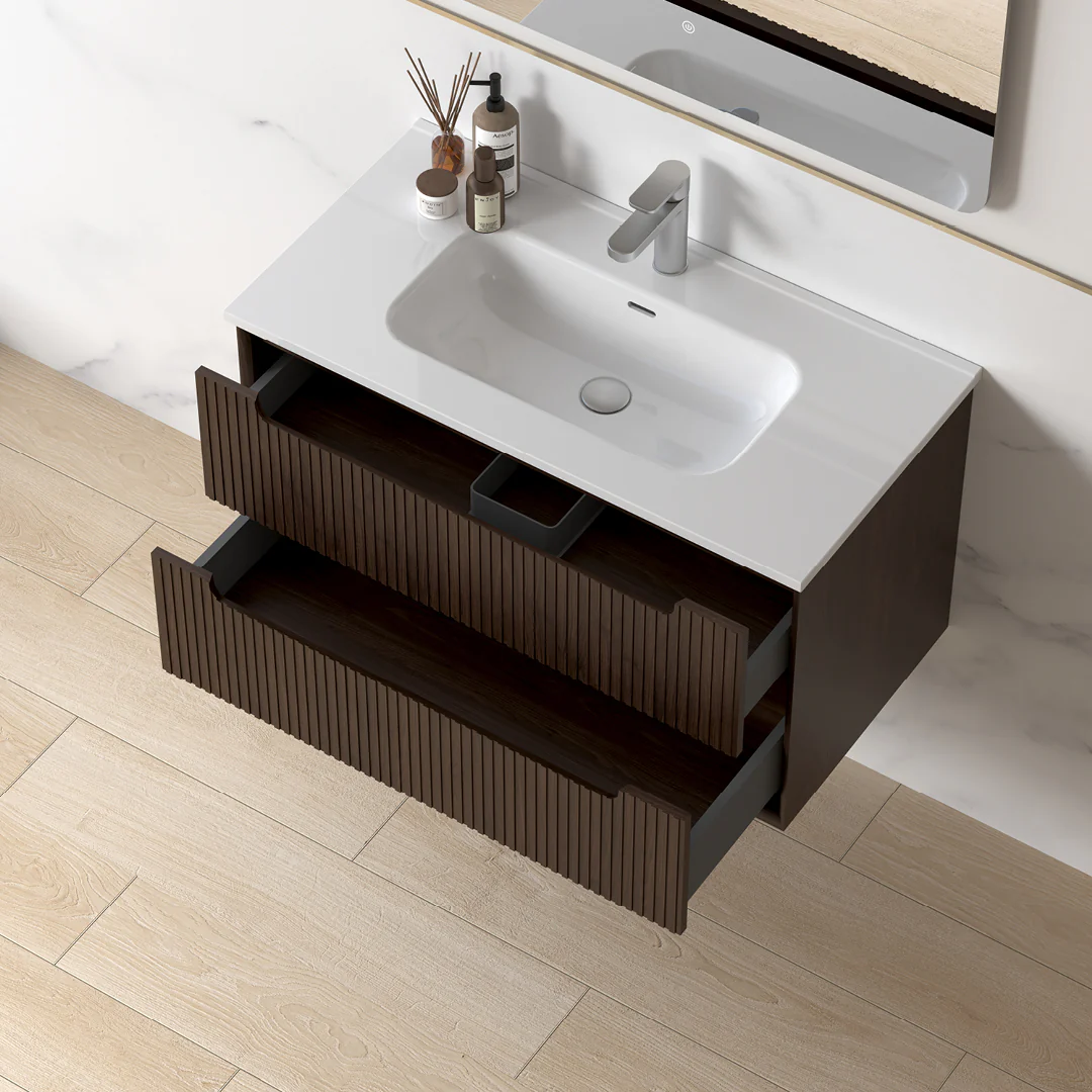 Fiora 900mm Alder Walnut Fluted Wall Hung Vanity - Image 7