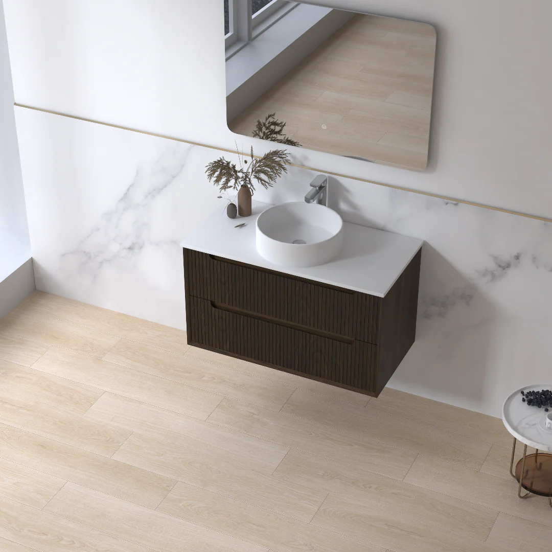 Fiora 900mm Black Walnut Fluted Wall Hung Vanity - Image 3