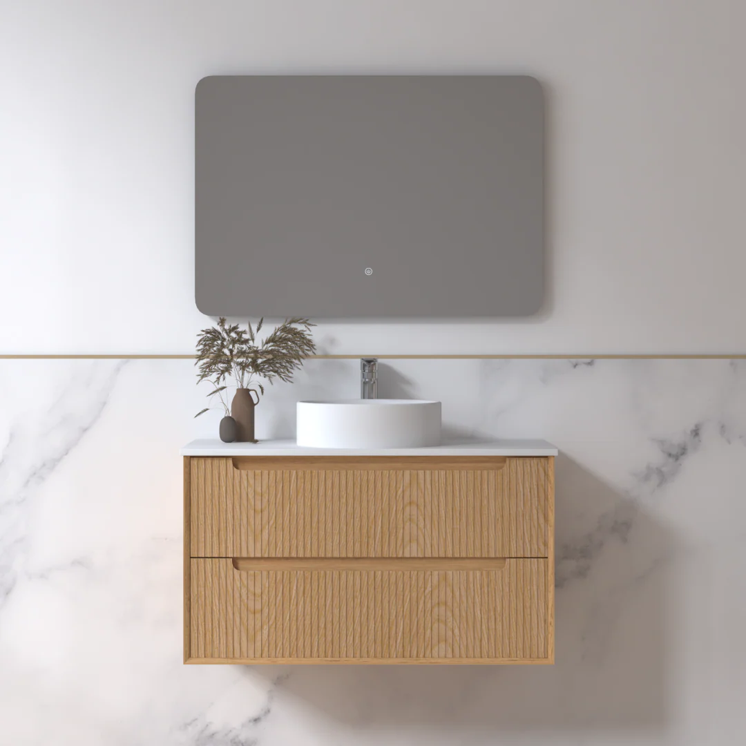 Fiora 900mm Light Walnut Fluted Wall Hung Vanity