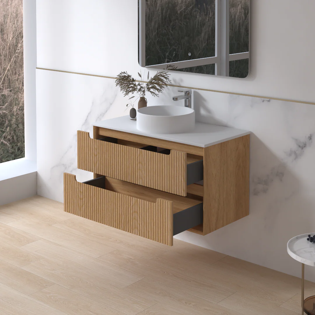 Fiora 900mm Light Walnut Fluted Wall Hung Vanity - Image 2