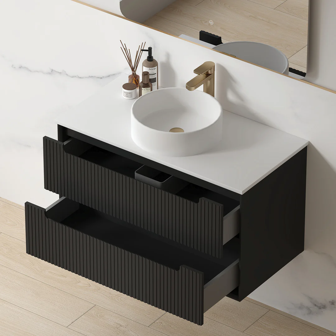 Fiora 900mm Matte Black Fluted Wall Hung Vanity - Image 2
