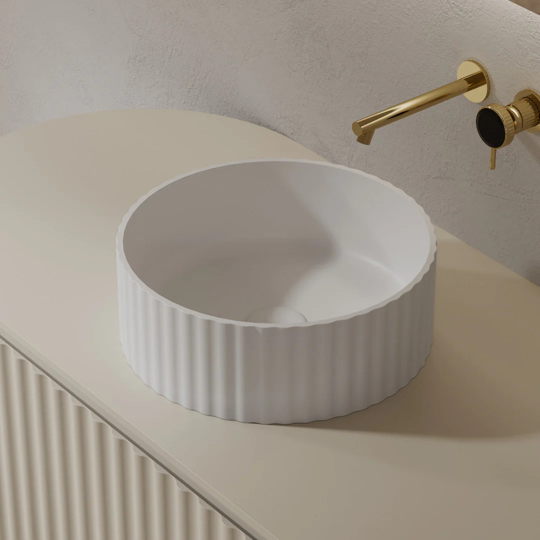 Flora 380mm Matte White Fluted Solid Surface Stone Round Above Counter Basin