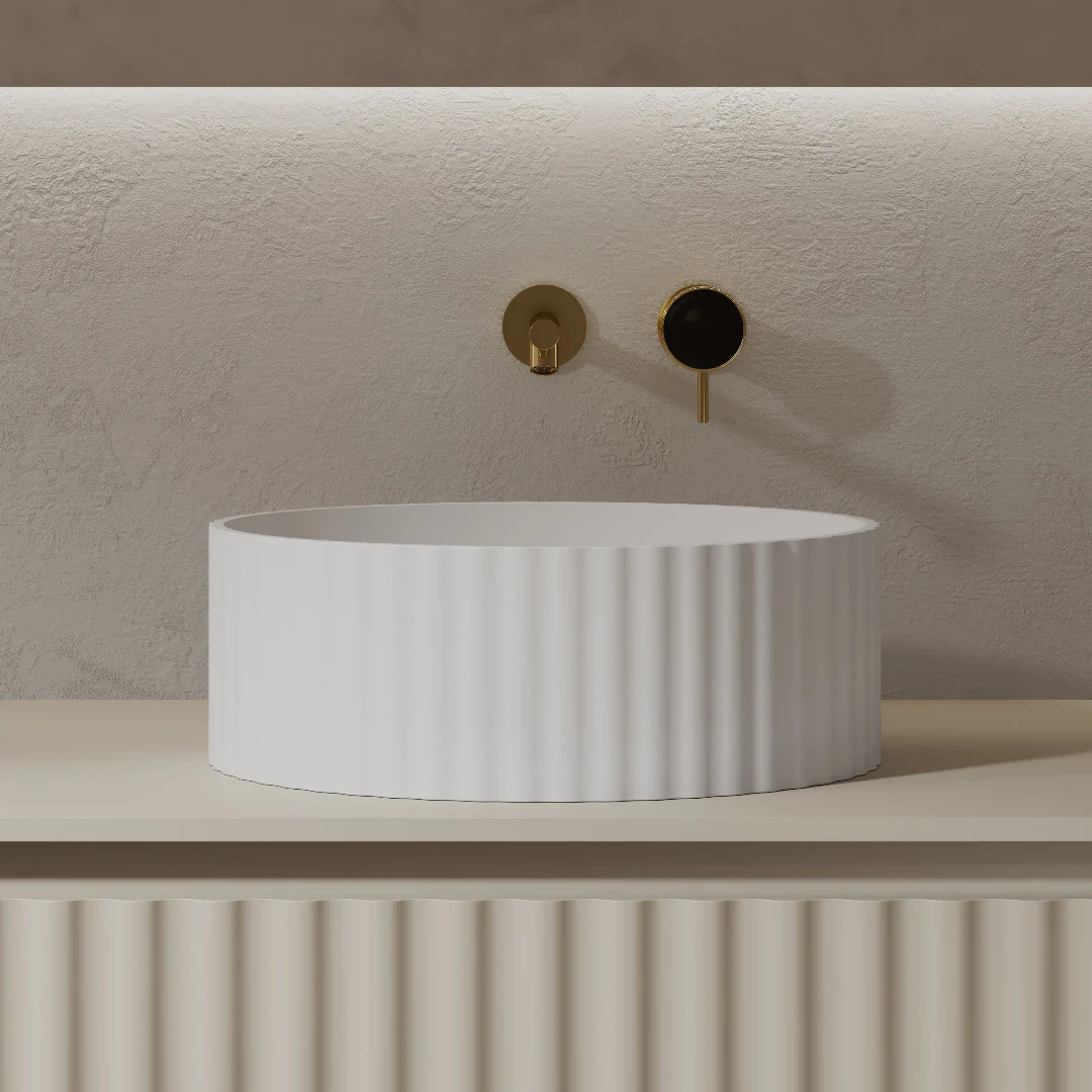 Flora 380mm Matte White Fluted Solid Surface Stone Round Above Counter Basin - Image 2