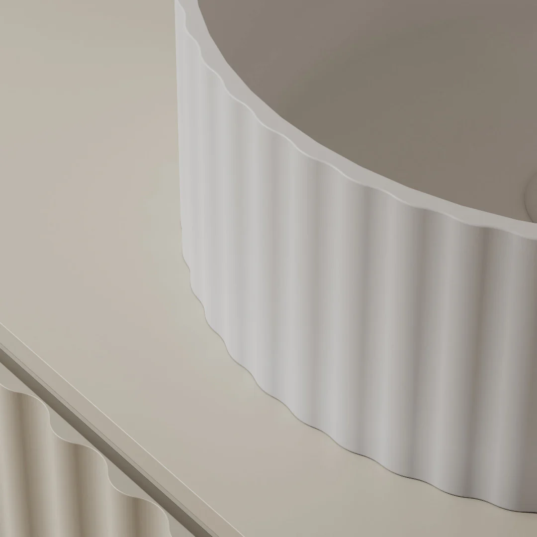Flora 380mm Matte White Fluted Solid Surface Stone Round Above Counter Basin - Image 3