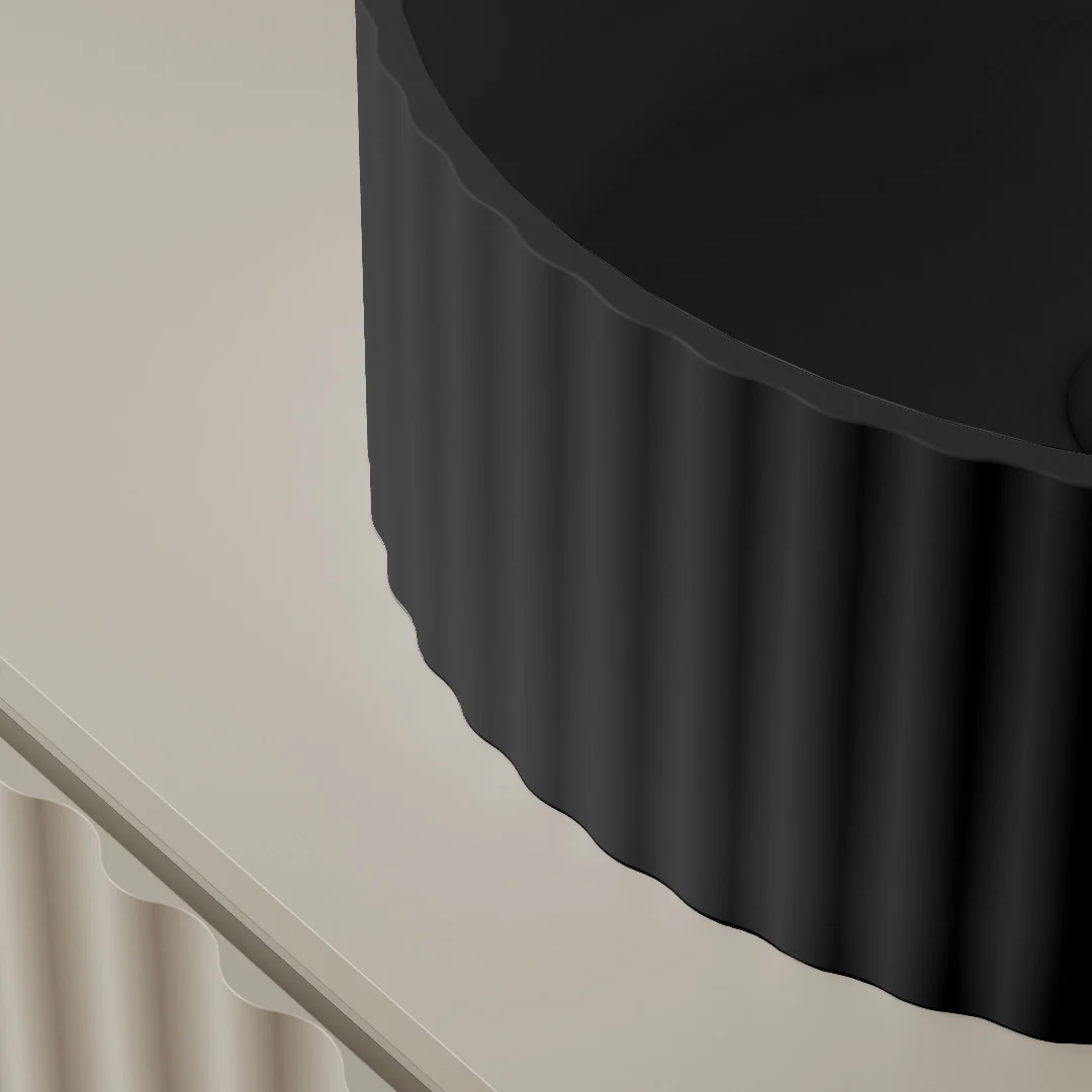 Flora 380mm Matte Black Fluted Solid Surface Stone Round Above Counter Basin - Image 3