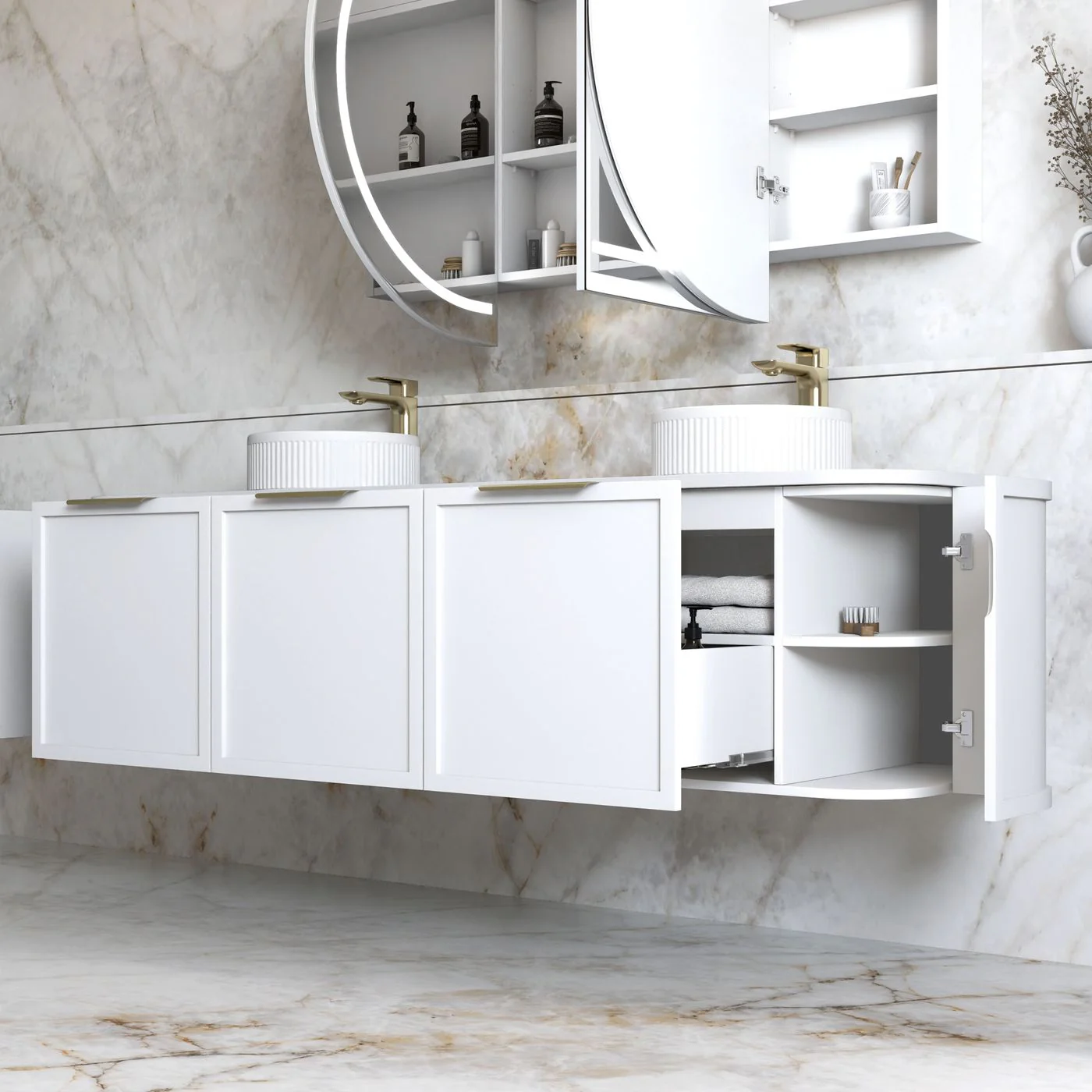 Hampshire 1800mm Curved Double Matte White Wall Hung Vanity - Image 3
