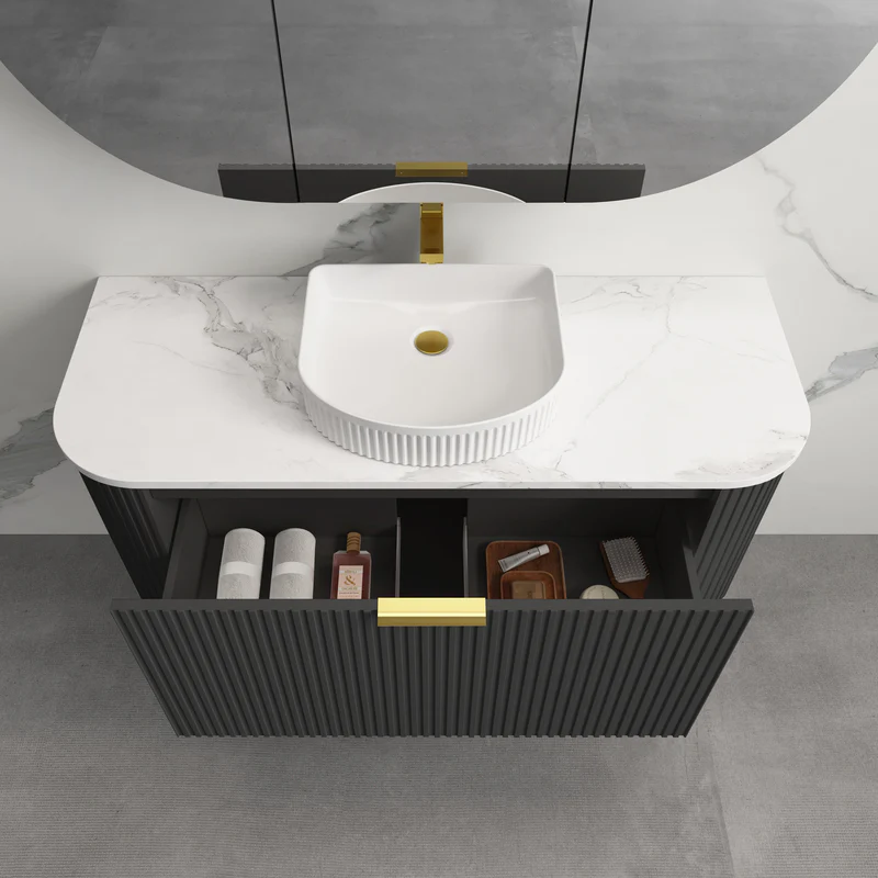 Rio 1200 Curved Fluted Matte Black Wall Hung Vanity - Image 3