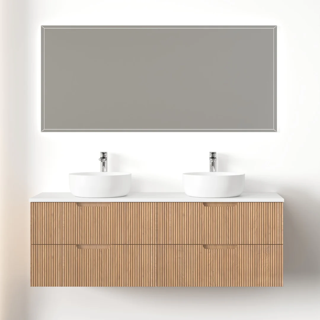 Kelsa 1500 Fluted Desert Oak Double Bowl Wall Hung Vanity