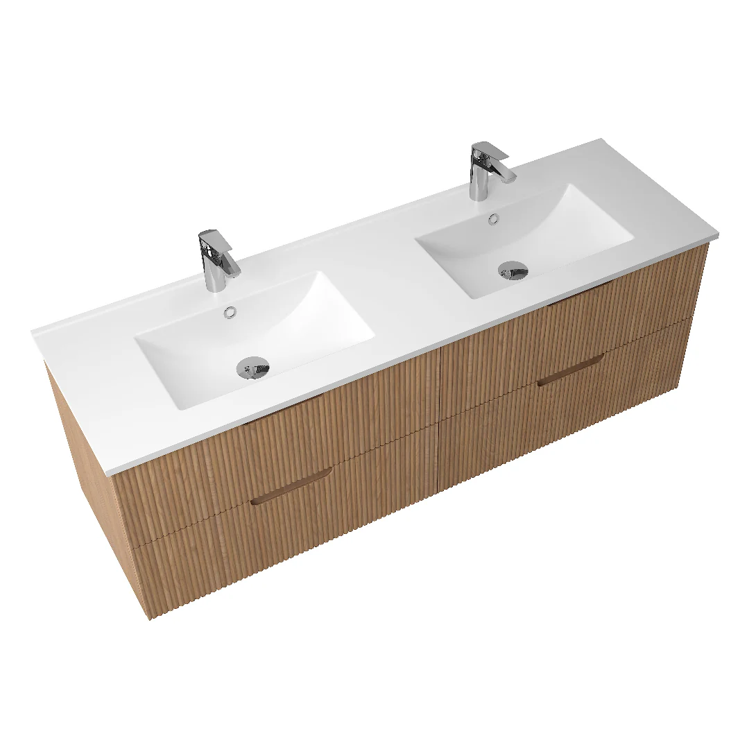 Kelsa 1500 Fluted Desert Oak Double Bowl Wall Hung Vanity - Image 3
