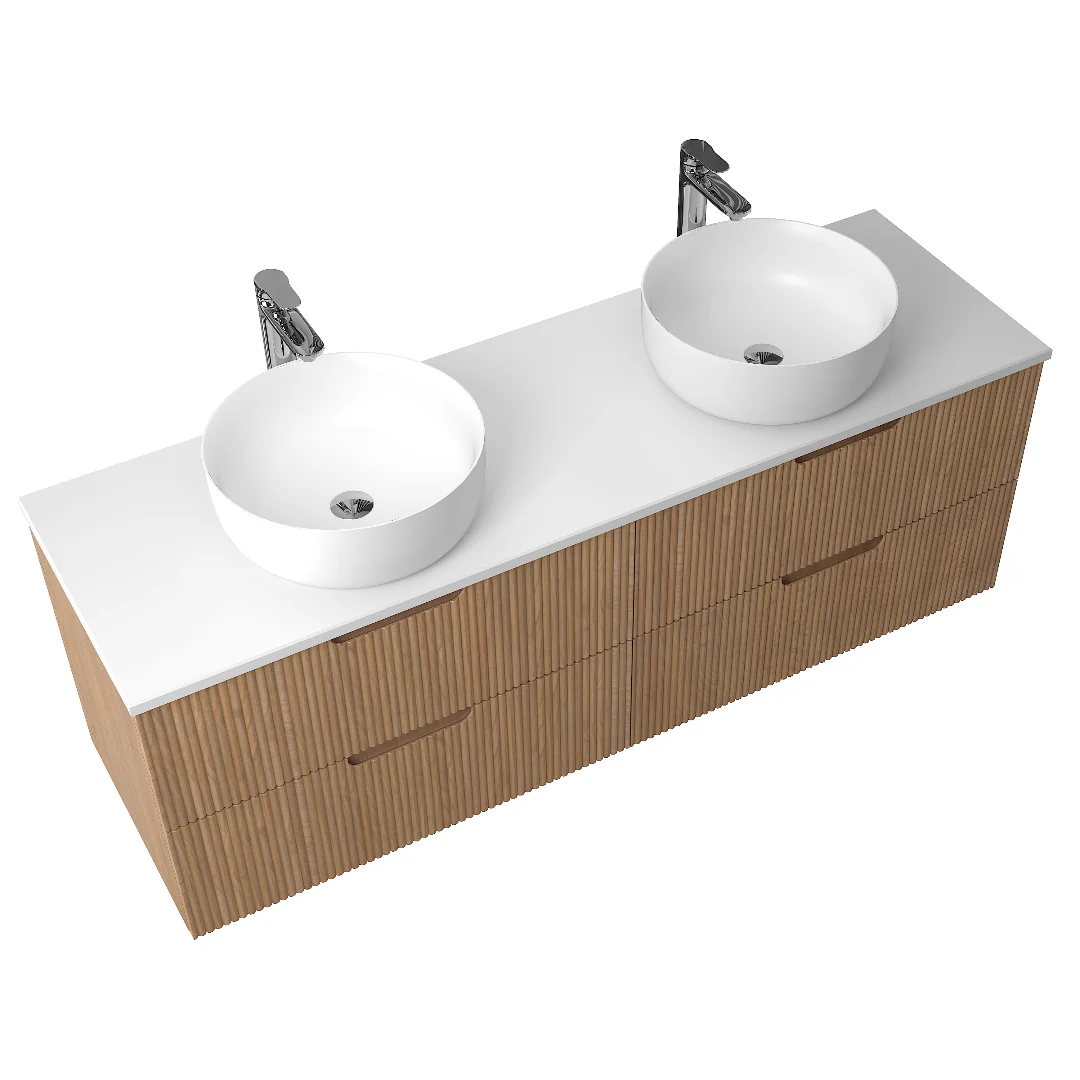 Kelsa 1500 Fluted Desert Oak Double Bowl Wall Hung Vanity - Image 4