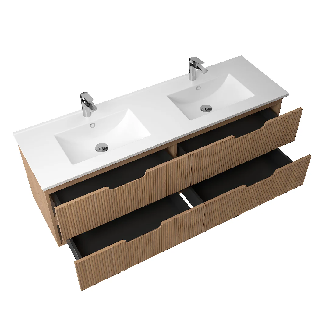 Kelsa 1500 Fluted Desert Oak Double Bowl Wall Hung Vanity - Image 5