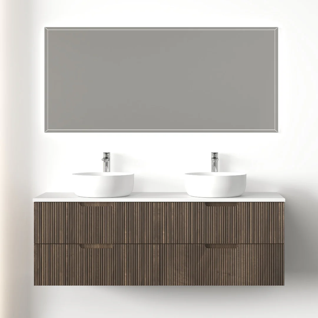 Kelsa 1500 Fluted Walnut Double Bowl Wall Hung Vanity