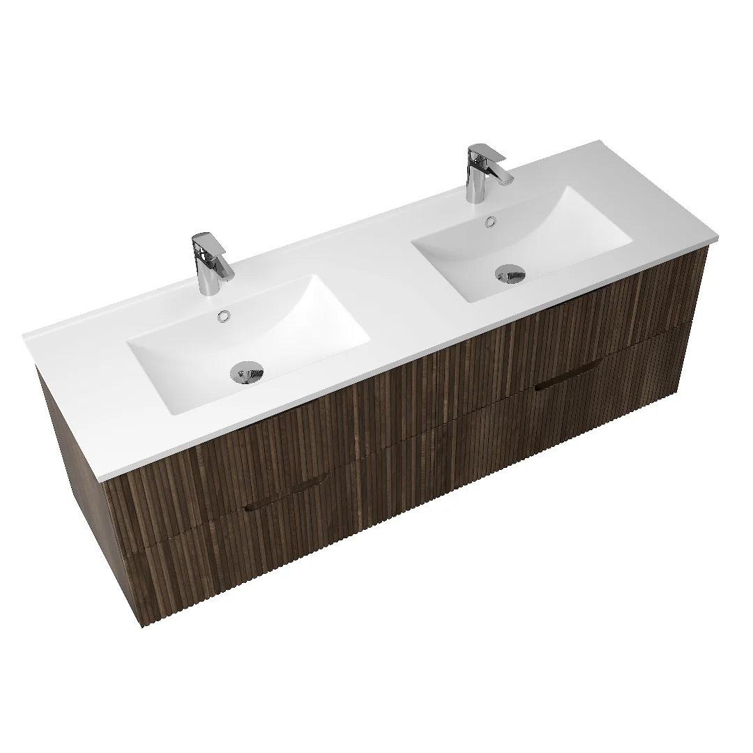 Kelsa 1500 Fluted Walnut Double Bowl Wall Hung Vanity - Image 3