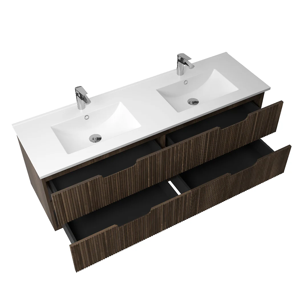 Kelsa 1500 Fluted Walnut Double Bowl Wall Hung Vanity - Image 4