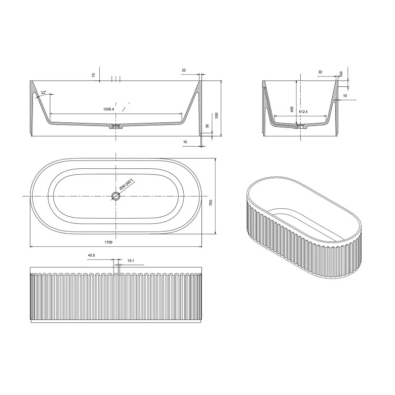 Kelsa 1700mm Stone Fluted Matte White Freestanding Bath Tub - Image 6