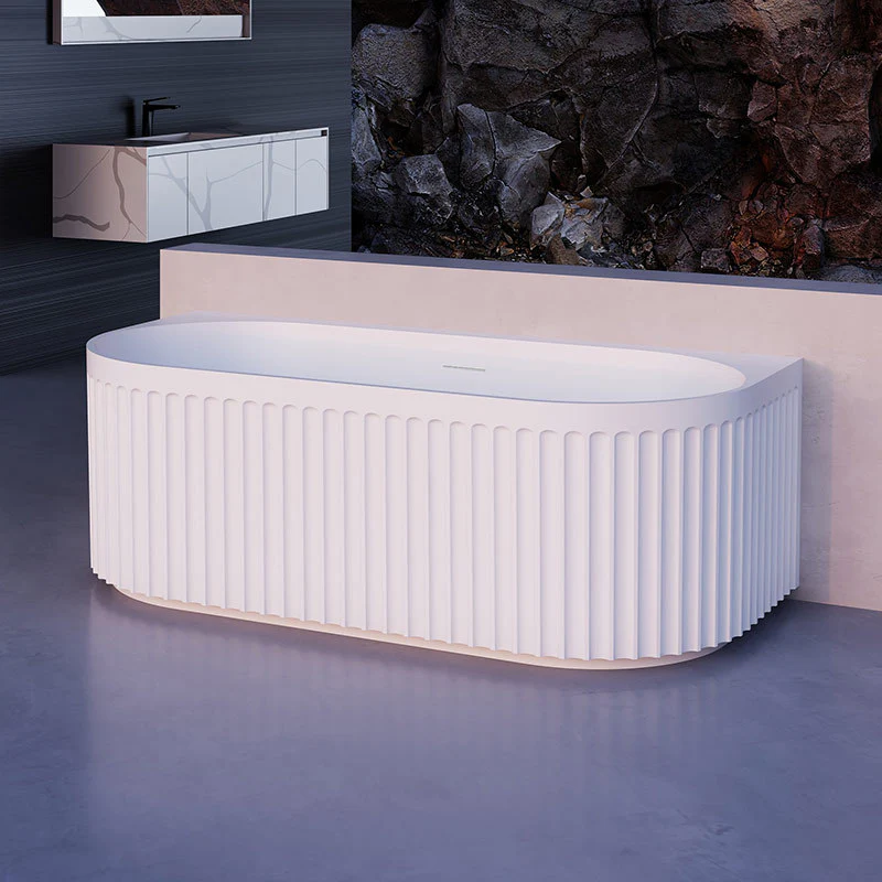 Kelsa Fluted 1500mm Matte White Back to Wall Designer Round Freestanding Bath - Image 4