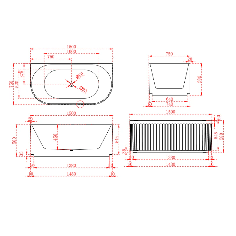 Kelsa Fluted 1500mm Matte White Back to Wall Designer Round Freestanding Bath - Image 7