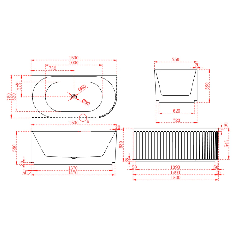Kelsa Fluted 1500mm Matte Black Left Corner Fit Designer Round Freestanding Bath - Image 5