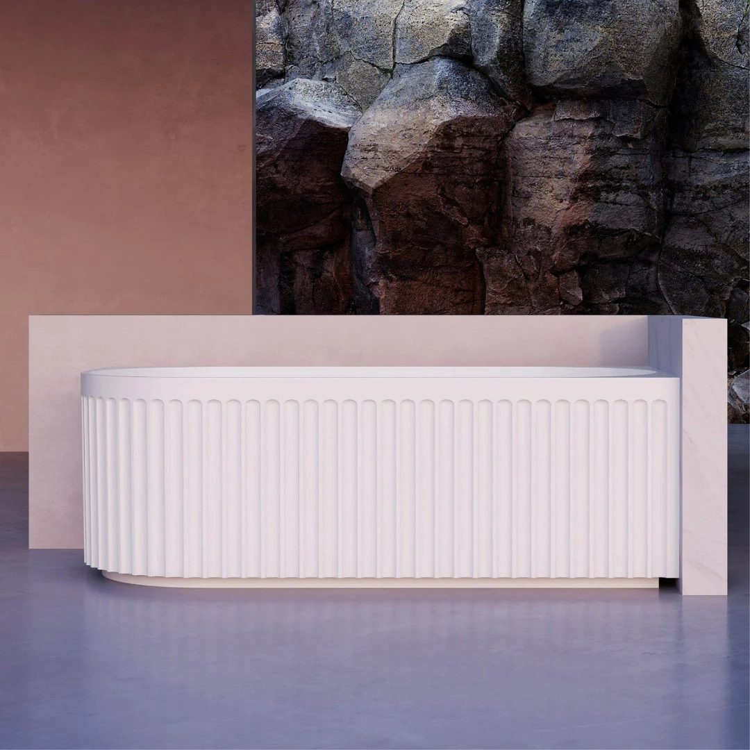Kelsa Fluted 1500mm Matte White Right Corner Fit Designer Round Freestanding Bath