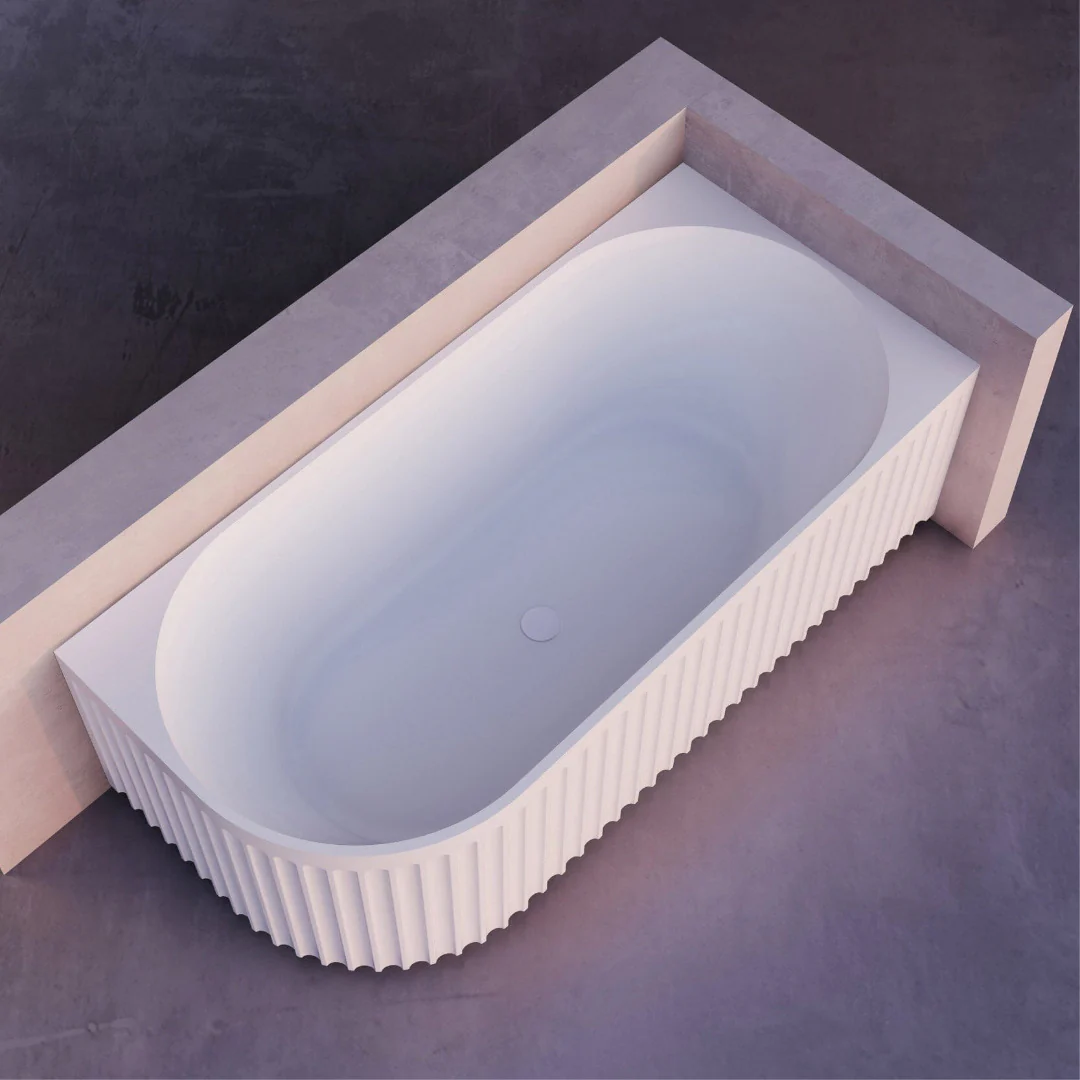 Kelsa Fluted 1500mm Matte White Right Corner Fit Designer Round Freestanding Bath - Image 2