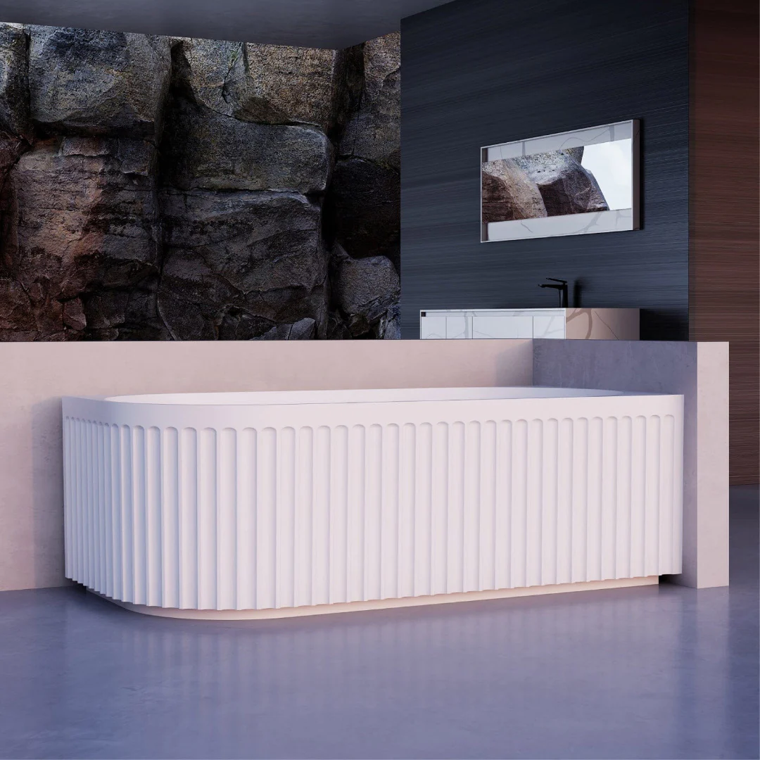 Kelsa Fluted 1500mm Matte White Right Corner Fit Designer Round Freestanding Bath - Image 3