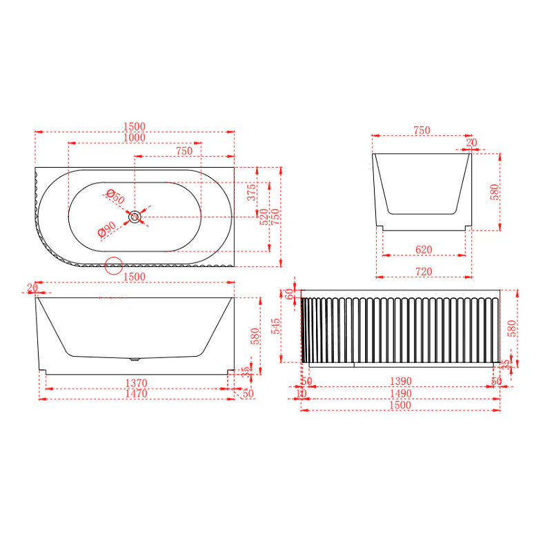 Kelsa Fluted 1500mm Matte White Right Corner Fit Designer Round Freestanding Bath - Image 5