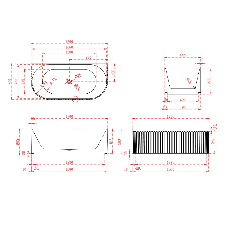 Kelsa Fluted 1700mm Matte White Back to Wall Designer Round Freestanding Bath - Image 7