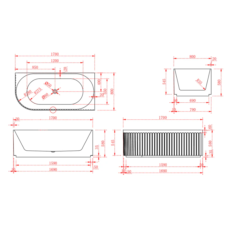 Kelsa Fluted 1700mm Matte White Left Corner Fit Designer Round Freestanding Bath - Image 6