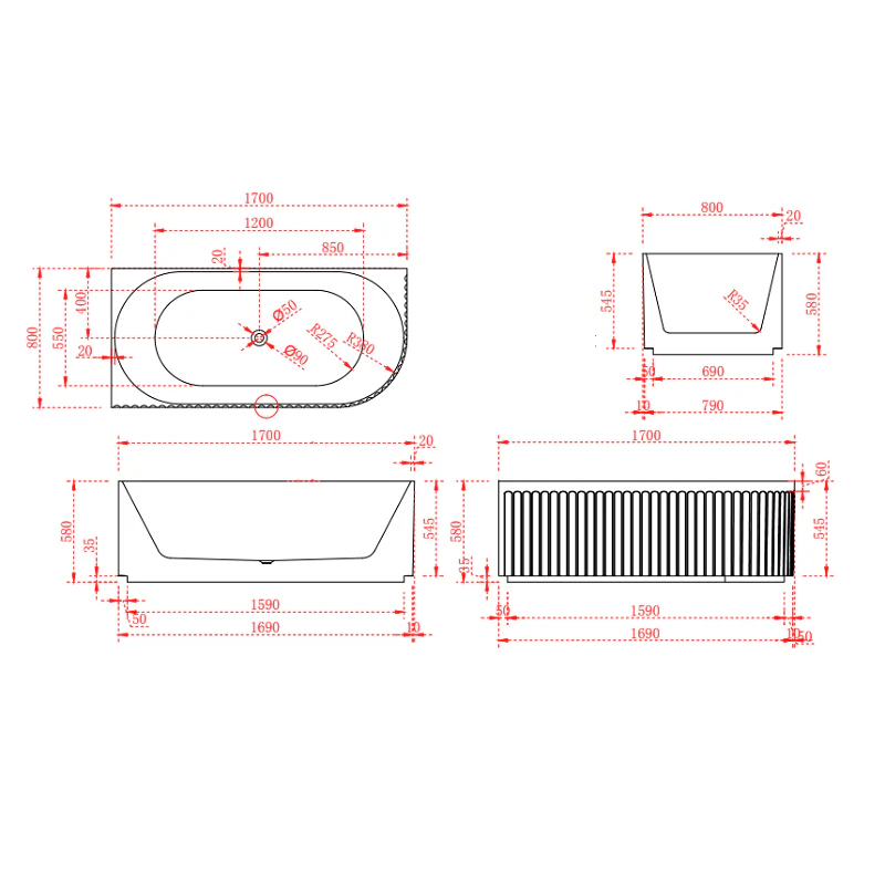 Kelsa Fluted 1700mm Matte White Right Corner Fit Designer Round Freestanding Bath - Image 5