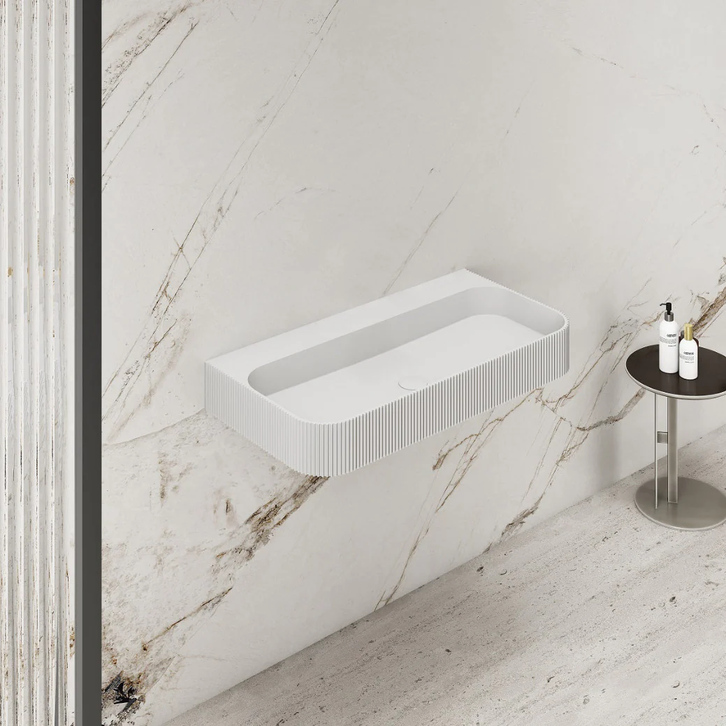 Linea 900mm Solid Surface Fluted Stone Wall Hung Basin - Image 3