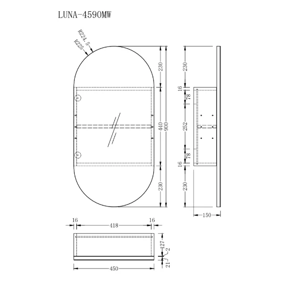 Luna 450 x 900 Matte White Oval Pill Shaving Cabinet - Image 4