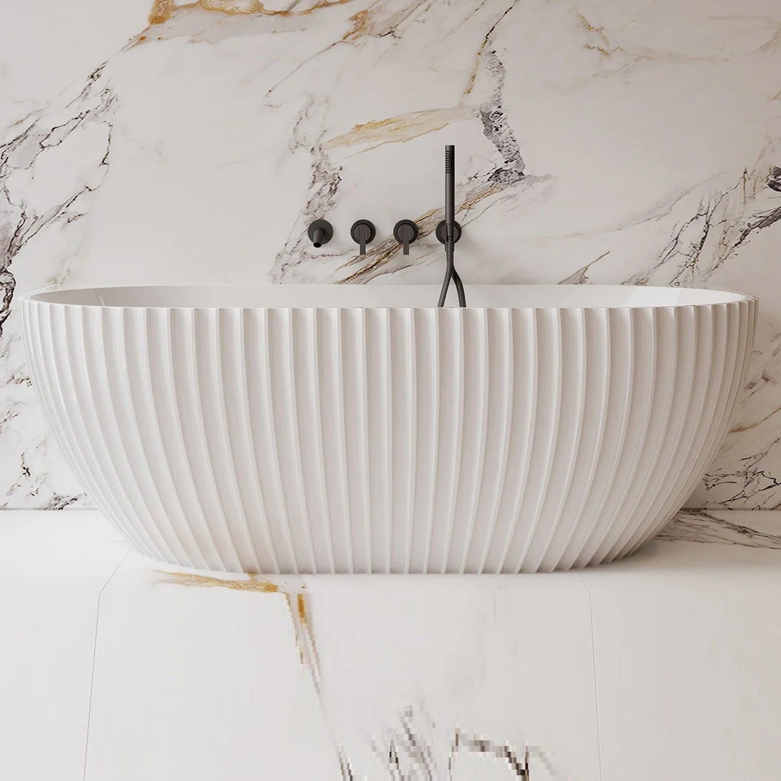 Luna Fluted 1700mm Matte White Back to Wall Designer Oval Freestanding Bath