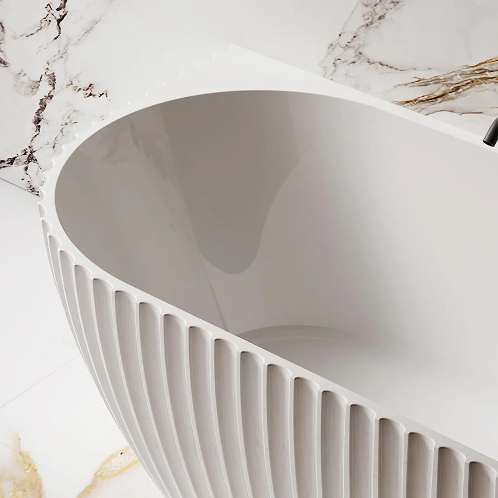 Luna Fluted 1700mm Matte White Back to Wall Designer Oval Freestanding Bath - Image 2