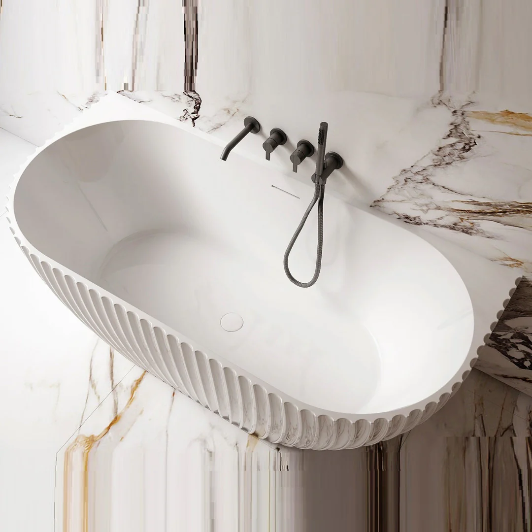 Luna Fluted 1700mm Matte White Back to Wall Designer Oval Freestanding Bath - Image 3