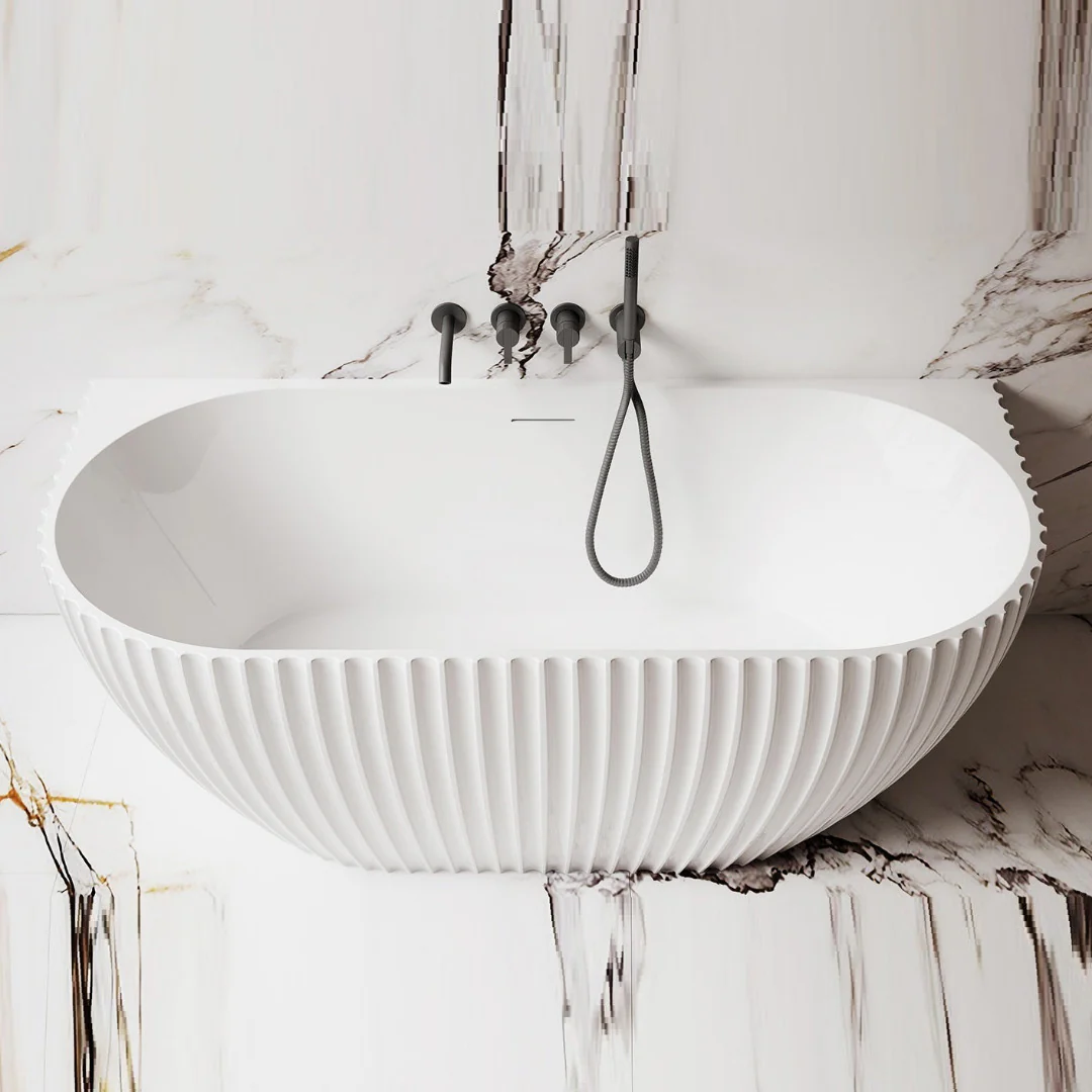 Luna Fluted 1700mm Matte White Back to Wall Designer Oval Freestanding Bath - Image 4