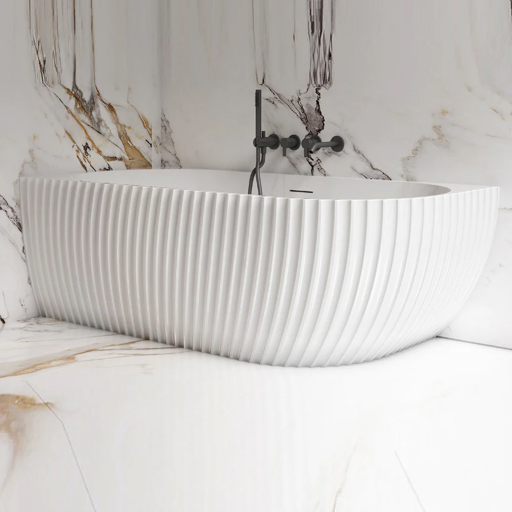 Luna Fluted 1700mm Matte White Left Corner Designer Oval Freestanding Bath - Image 2