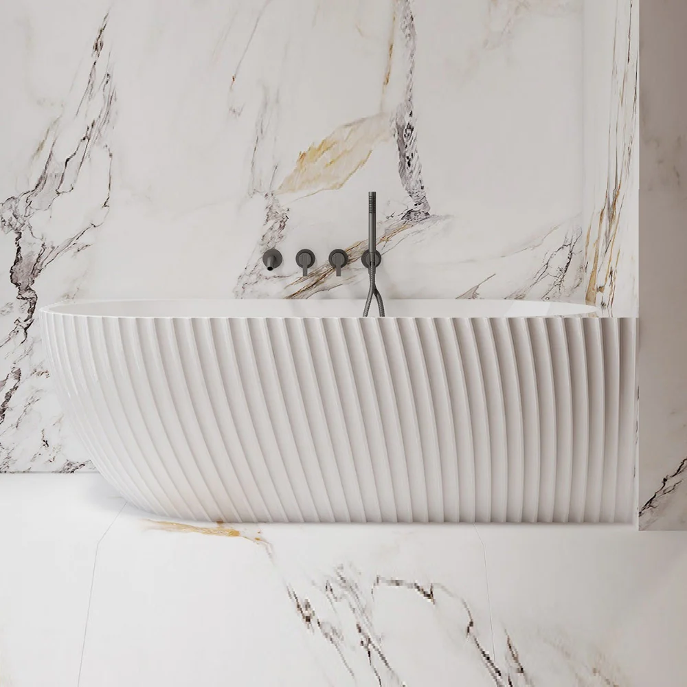 Luna Fluted 1700mm Matte White Right Corner Designer Oval Freestanding Bath