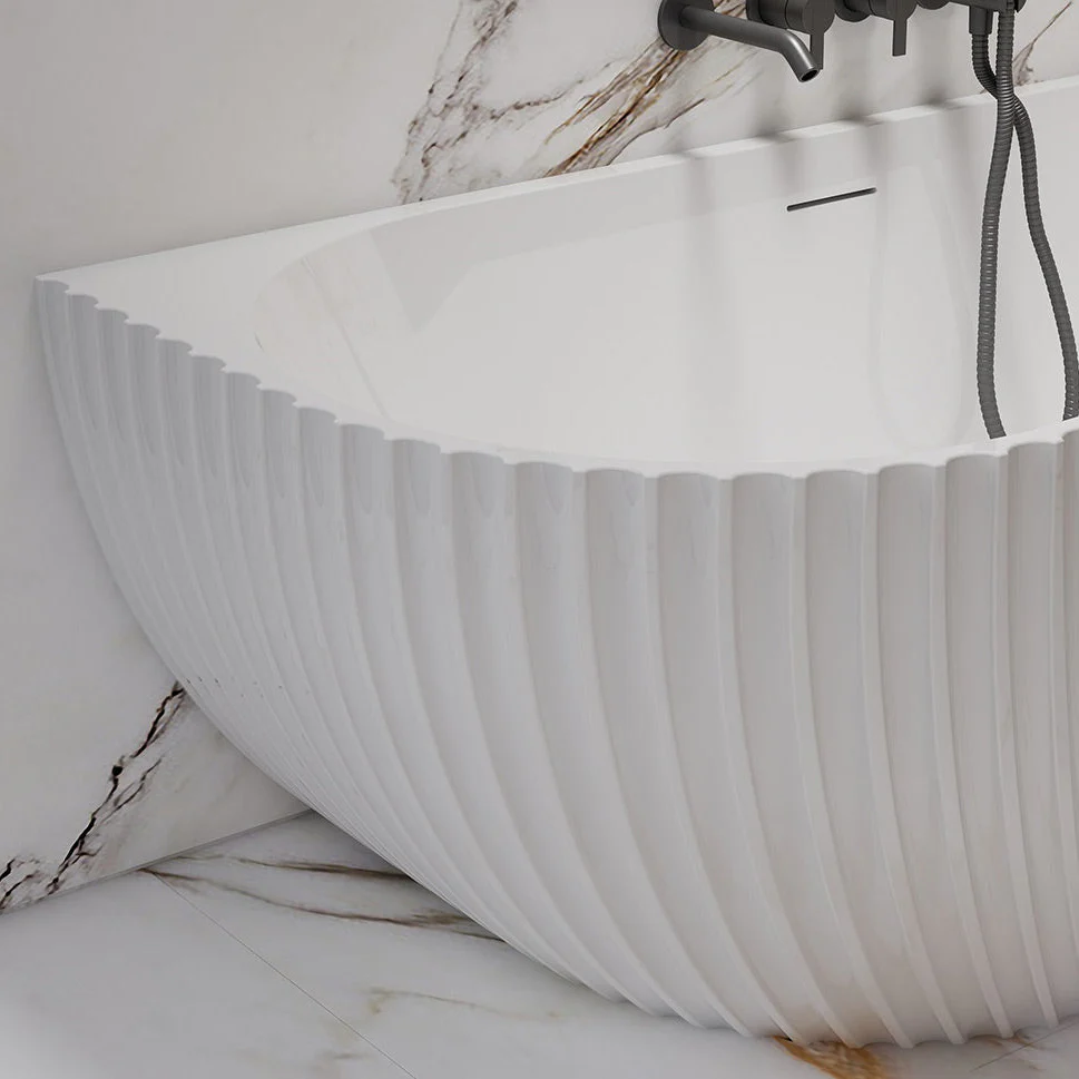 Luna Fluted 1700mm Matte White Right Corner Designer Oval Freestanding Bath - Image 3