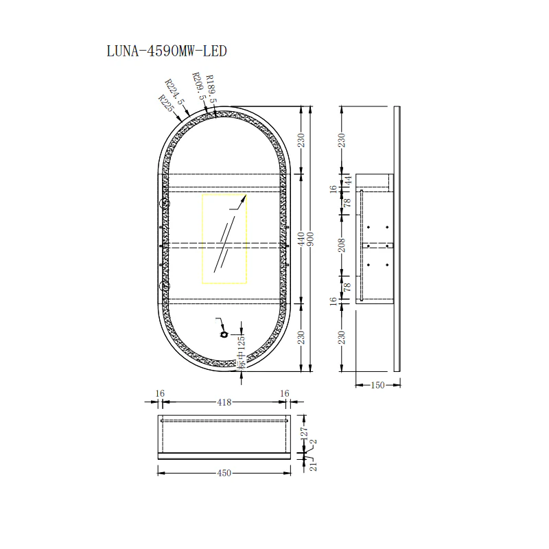 Luna LED 450 x 900 Light Walnut Oval Pill Shaving Cabinet - Image 4
