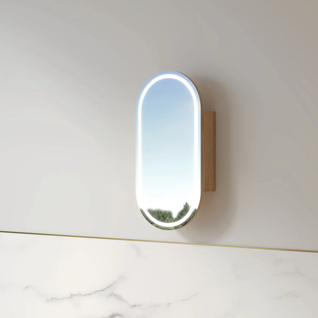 Luna LED 450 x 900 Light Walnut Oval Pill Shaving Cabinet - Image 5