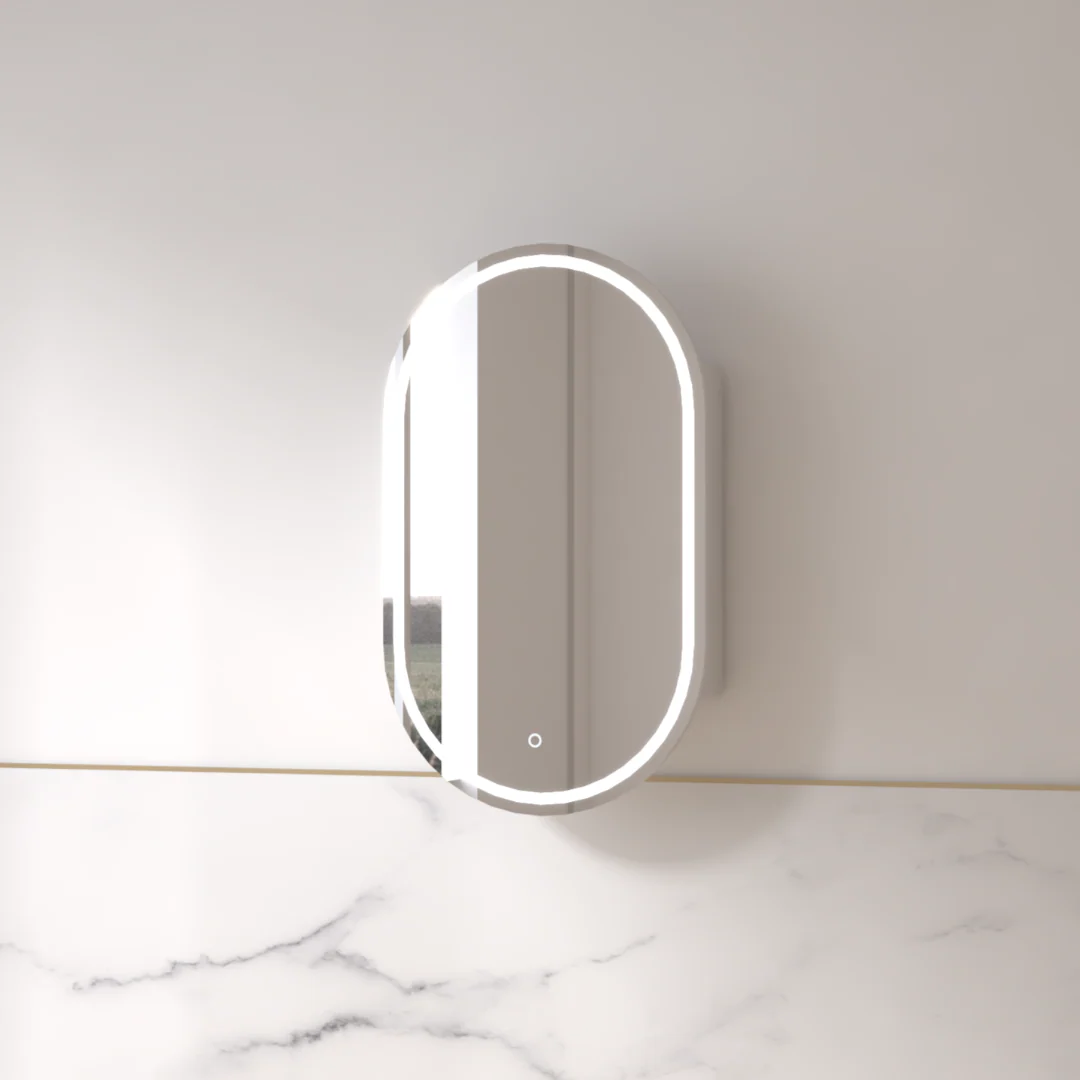 Luna LED 600 x 1000 Matte White Oval Pill Shaving Cabinet