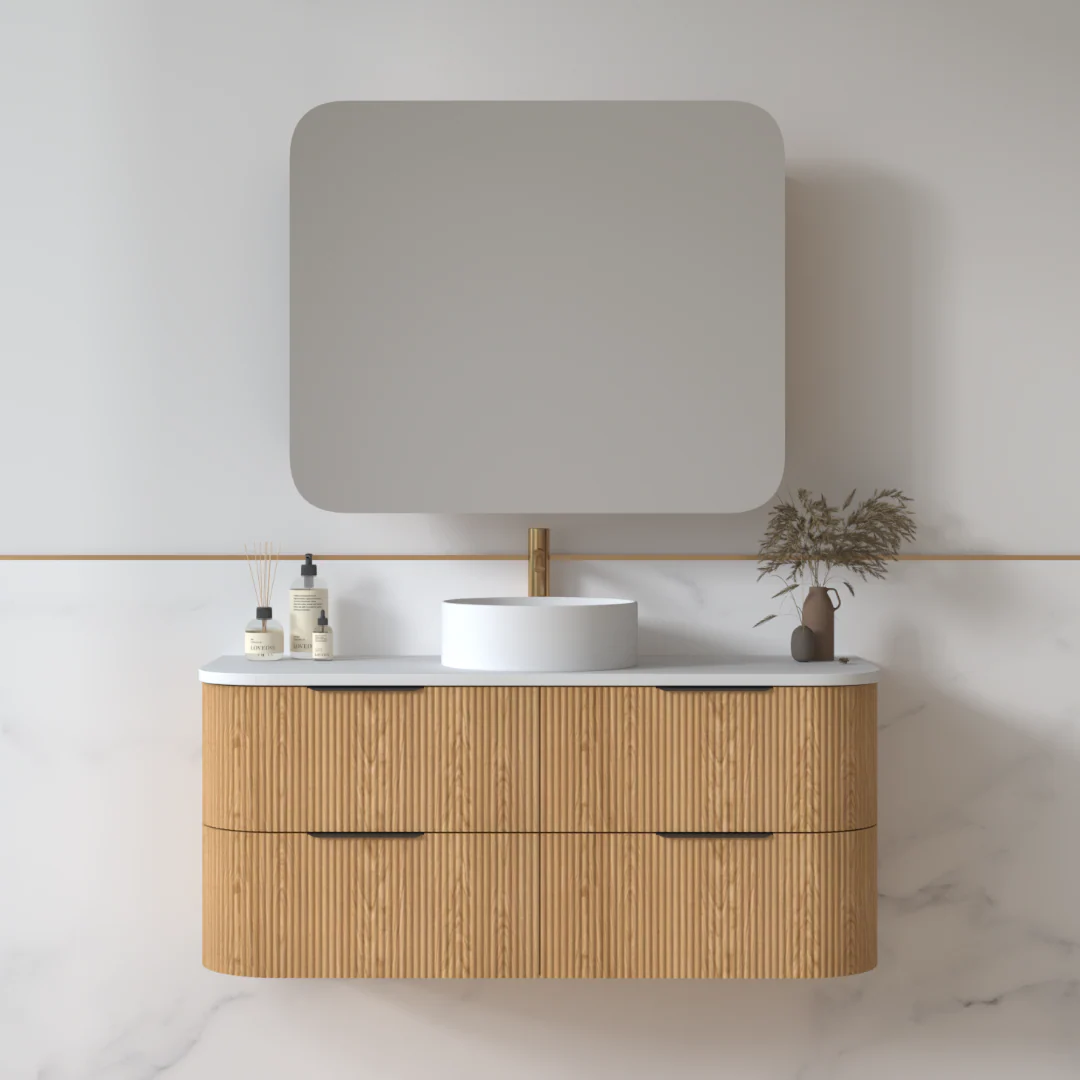 Lunara 1200 Curved Light Walnut Fluted Wall Hung Vanity
