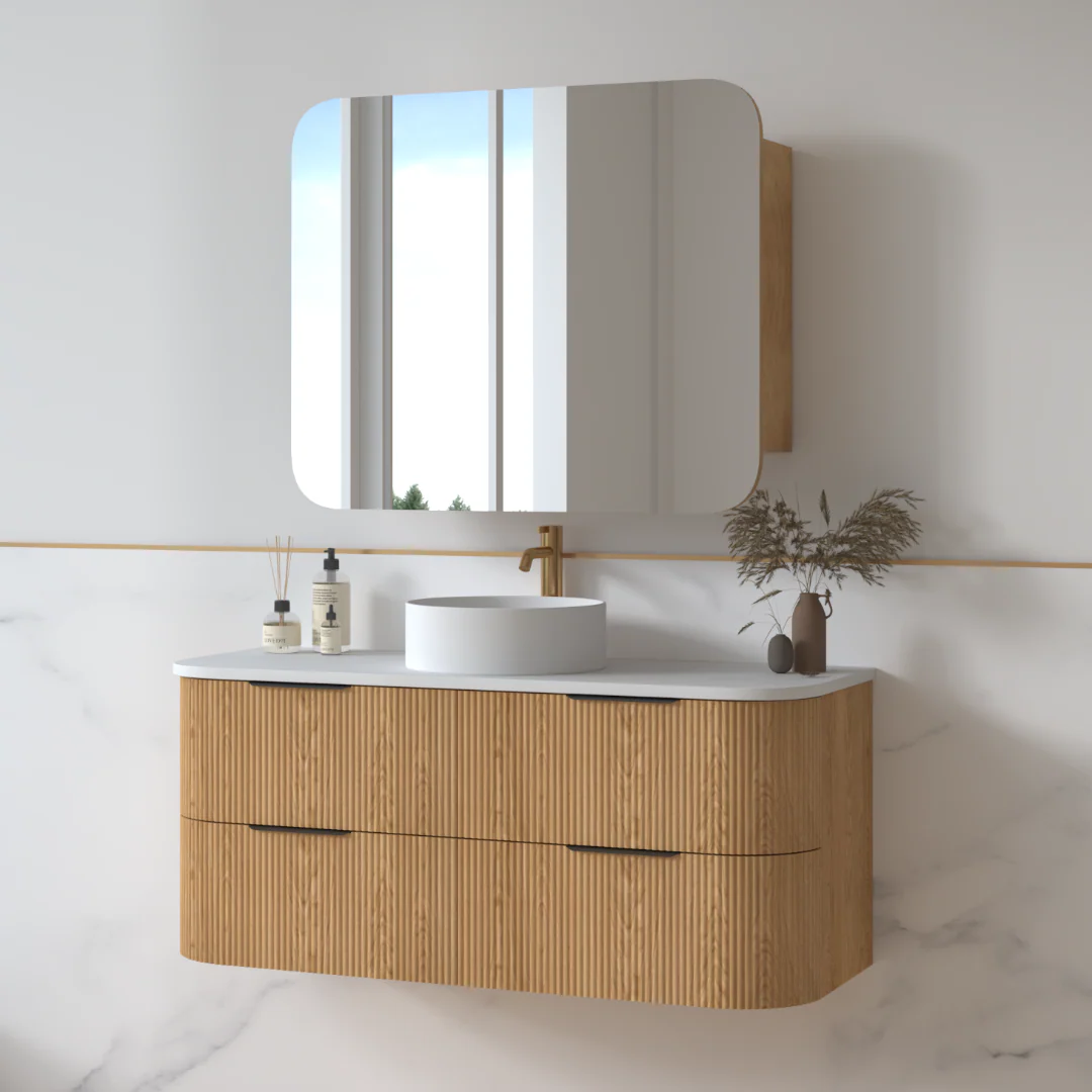 Lunara 1200 Curved Light Walnut Fluted Wall Hung Vanity - Image 2